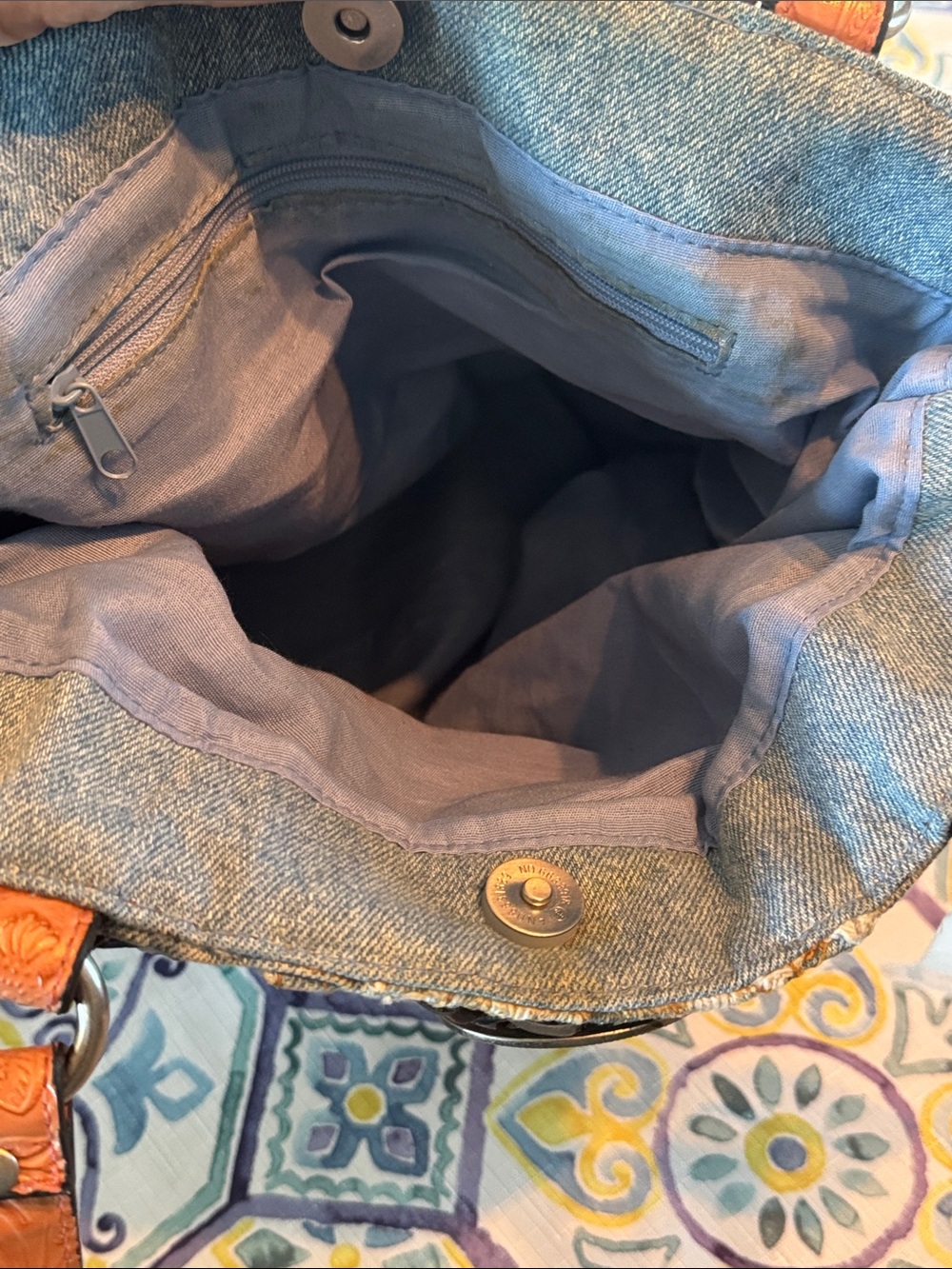 Denim Tote Shoulder Bag with Embossed Brown Trim - Picture 7 of 8